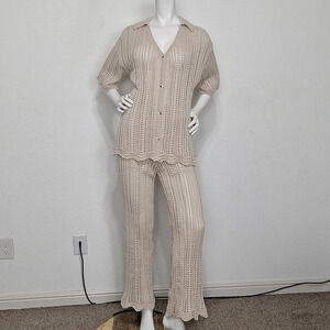 Solitaire "NEW Tan Bohemian Crochet Bell Bottoms Pants & Top 2 Piece Set Size S
